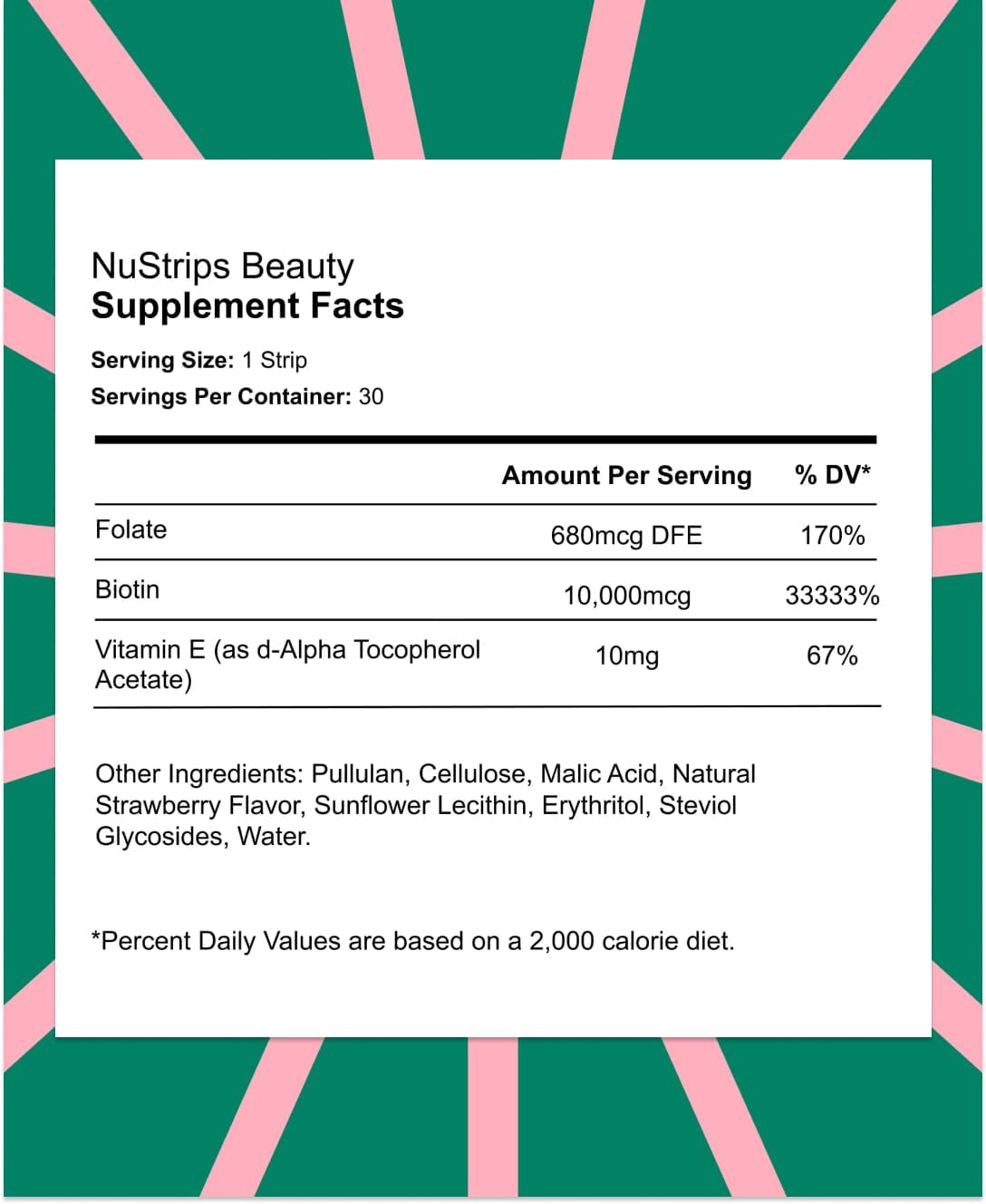 NuStrips Fast-Dissolving Beauty Strips with Biotin, Folate & Vitamin E – Hair, Skin & Nails Supplement – Vegan, Non-GMO – Strawberry Flavour (30 Strips) - görsel 4