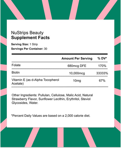 NuStrips Fast-Dissolving Beauty Strips with Biotin, Folate & Vitamin E – Hair, Skin & Nails Supplement – Vegan, Non-GMO – Strawberry Flavour (30 Strips)
