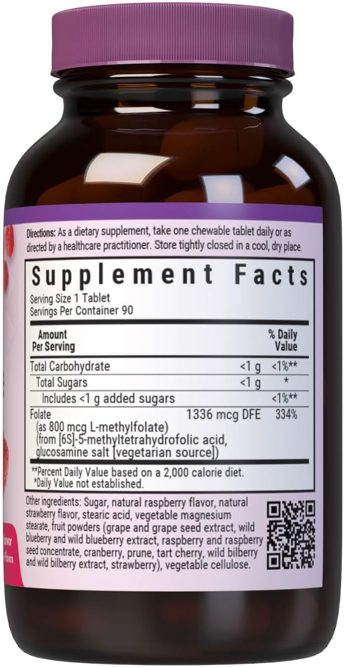 Bluebonnet EarthSweet Methylfolate 800 mcg Cellular Active Coenzyme 5-MTHF L-Methylfolate Supplement - Prenatal & Energy Support - Non-GMO, Vegan, Gluten-Free - Raspberry - 90 Chewable Tablets - görsel 2