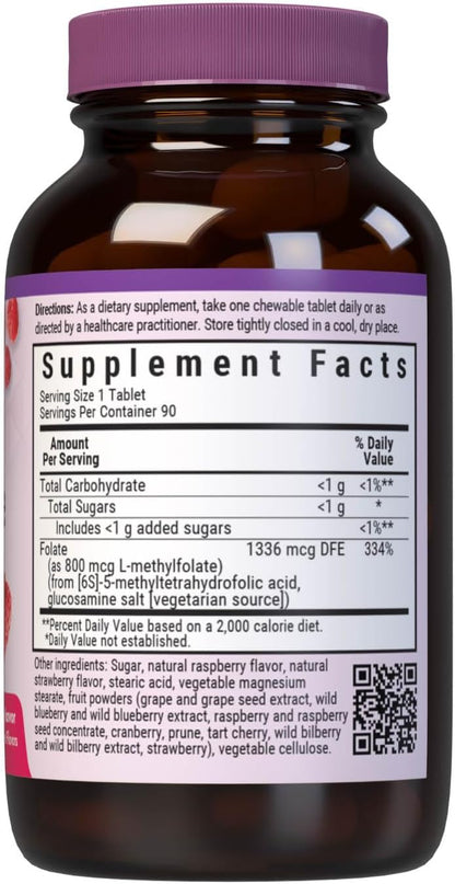 Bluebonnet EarthSweet Methylfolate 800 mcg Cellular Active Coenzyme 5-MTHF L-Methylfolate Supplement - Prenatal & Energy Support - Non-GMO, Vegan, Gluten-Free - Raspberry - 90 Chewable Tablets