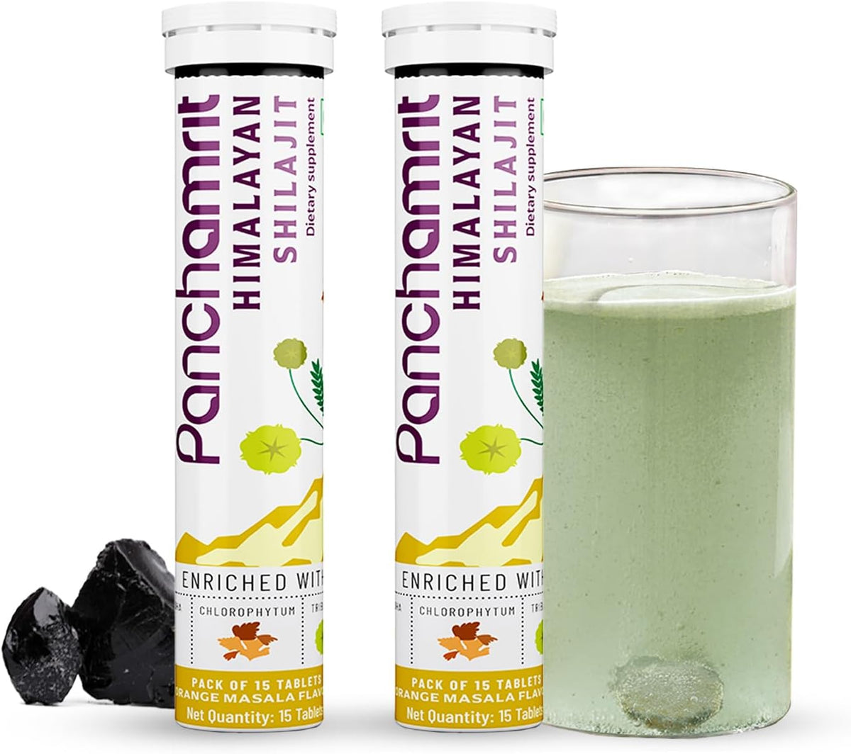 Panchamrit Himalayan Shilajit Effervescent – Traditionally Used to Support Stamina & Performance and Muscle Recovery – Enriched with Ashwagandha, Kaunch Beej, Safed Musli – 15 Tablets (Pack of 2) - görsel 1