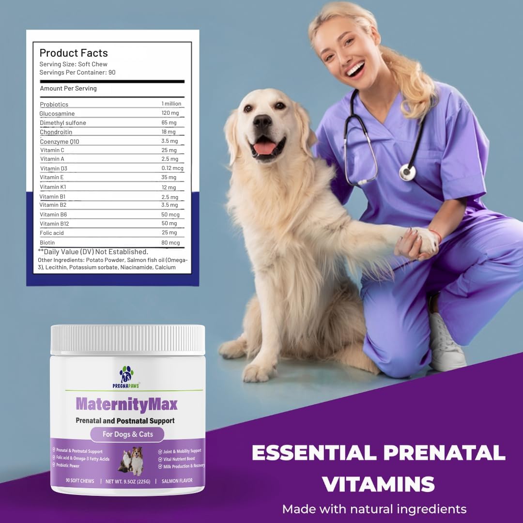 Prenatal Vitamins for Dogs & Cats – Pre & Postnatal Supplement with Probiotics, Glucosamine, MSM, CoQ10, & Essential Vitamins – Supports Pregnancy, Nursing & Recovery – 90 Soft Chews (Salmon Flavour) - görsel 8