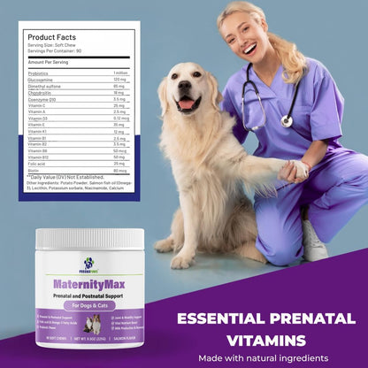Prenatal Vitamins for Dogs & Cats – Pre & Postnatal Supplement with Probiotics, Glucosamine, MSM, CoQ10, & Essential Vitamins – Supports Pregnancy, Nursing & Recovery – 90 Soft Chews (Salmon Flavour)