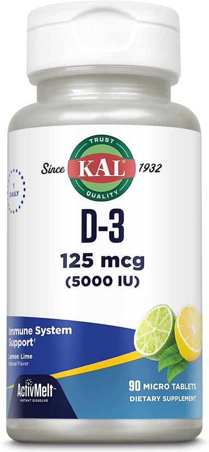 KAL Vitamin D3 5000 IU ActivMelt, Instant Dissolve Micro Tablets, Natural Lemon and Lime Flavour, 90 Count