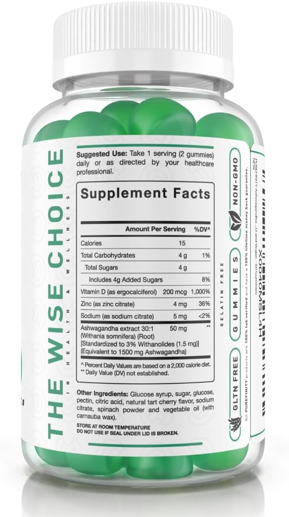 PUREFINITY Ashwagandha Gummies with Vitamin D & Zinc – Supplement for Relaxation, Calming and Mood Support – 60 Gummies - görsel 6