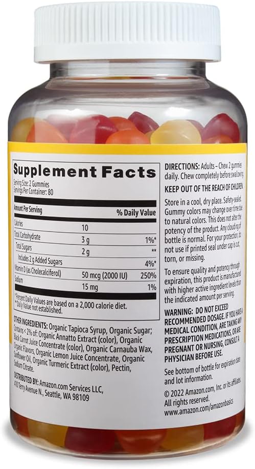Amazon Basics Vitamin D3 2000 IU Gummies, Orange, Lemon & Strawberry, 160 Count (2 per Serving) - görsel 2