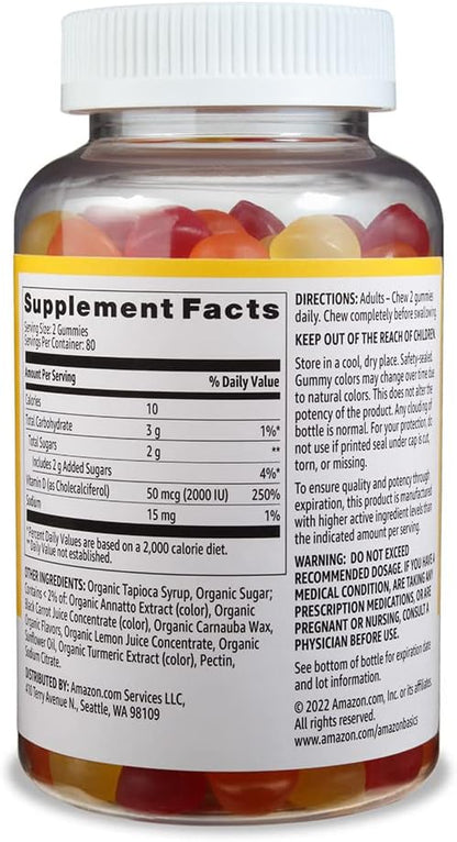 Amazon Basics Vitamin D3 2000 IU Gummies, Orange, Lemon & Strawberry, 160 Count (2 per Serving)