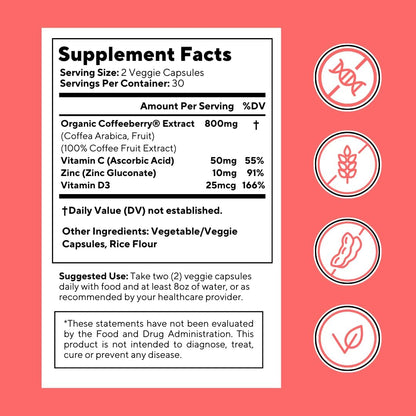 Vitacoffee Caffeine Capsules – Coffee Fruit, Vitamin C, D, Zinc – Energy, Memory, Focus – 60 Veggie Capsules