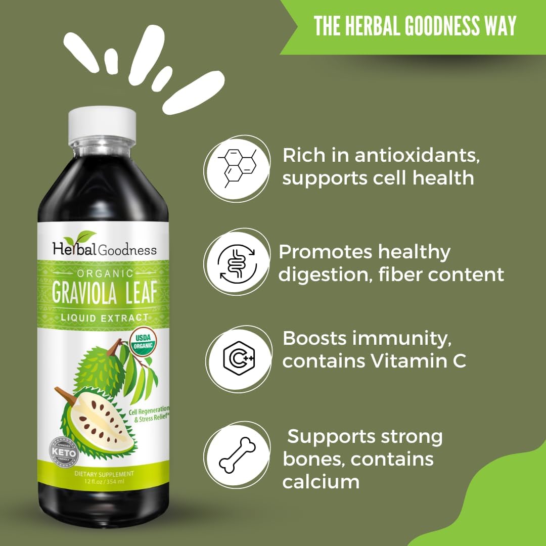 Herbal Goodness Soursop Graviola Liquid Drops - 15X Strength Organic Guanábana Extract - Vegan, Non-GM, Alcohol-Free, 355 ml - görsel 6
