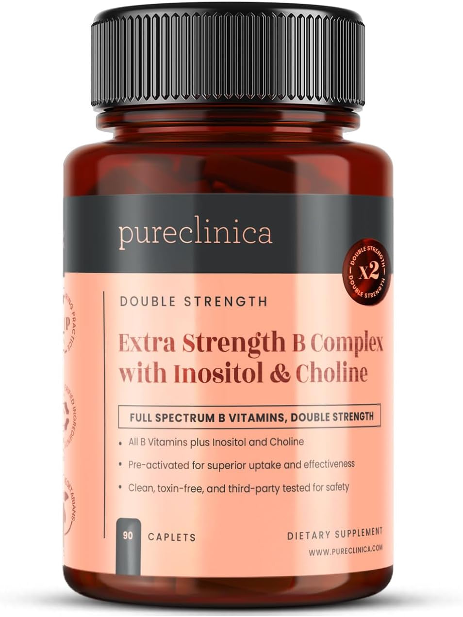 pureclinica Extra Strength B Complex with Inositol & Choline – High-Potency B Vitamins for Energy, Brain & Nerve Support – 90 Caplets (3 Months Supply) - görsel 1