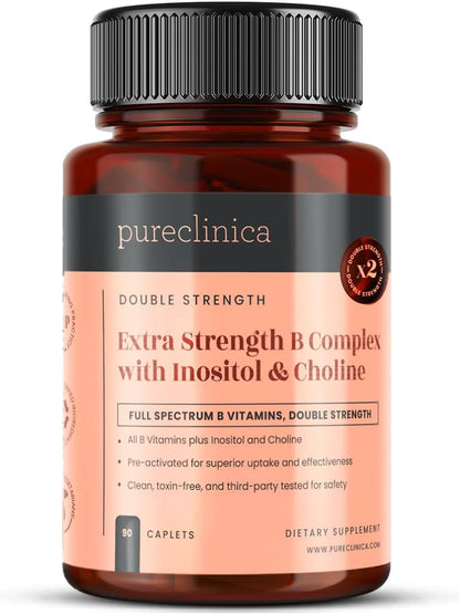 pureclinica Extra Strength B Complex with Inositol & Choline – High-Potency B Vitamins for Energy, Brain & Nerve Support – 90 Caplets (3 Months Supply)