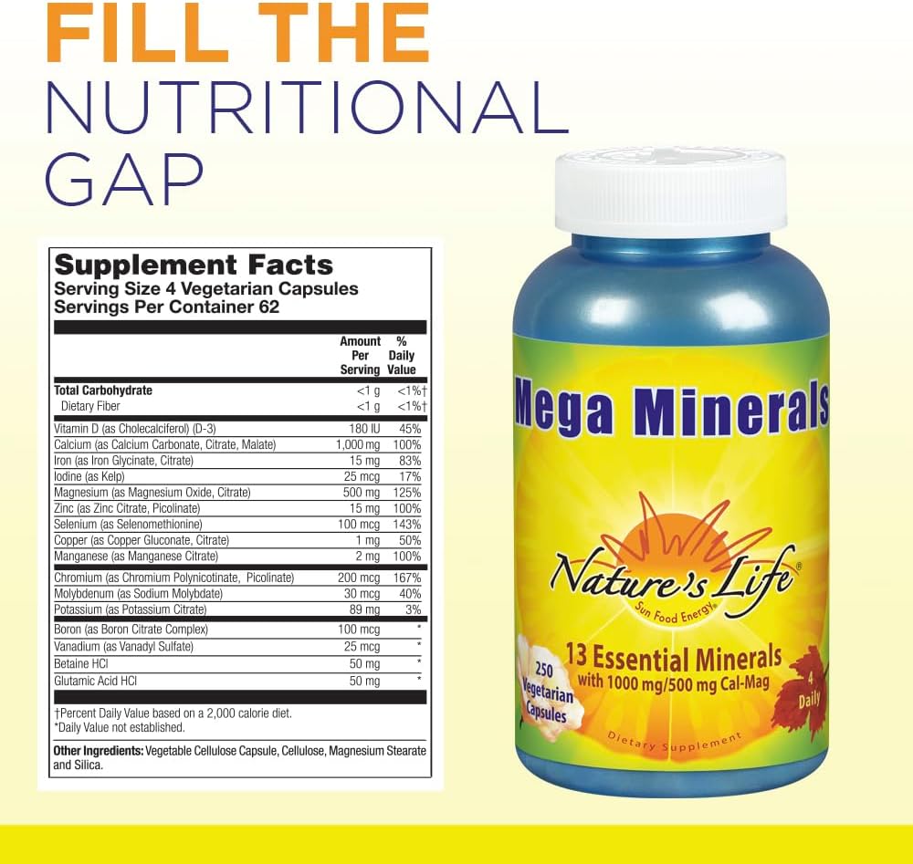 Nature's Life Mega Minerals Complex - Complete Multi Mineral with Vitamin D3 - 250 Vegetarian Capsules - görsel 2