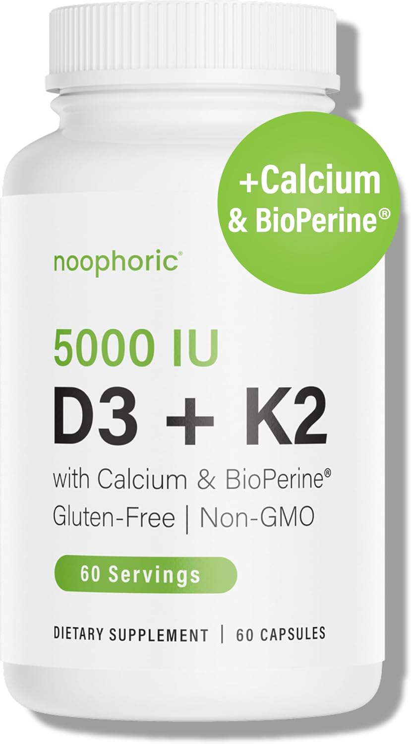 Noophoric Vitamin D3 K2 5000 IU, D3 with K2 MK7, Vitamin D3 K2 Capsules with Calcium and BioPerine, Non-GMO, Gluten-free, Soya-free, 60 Capsules - görsel 1