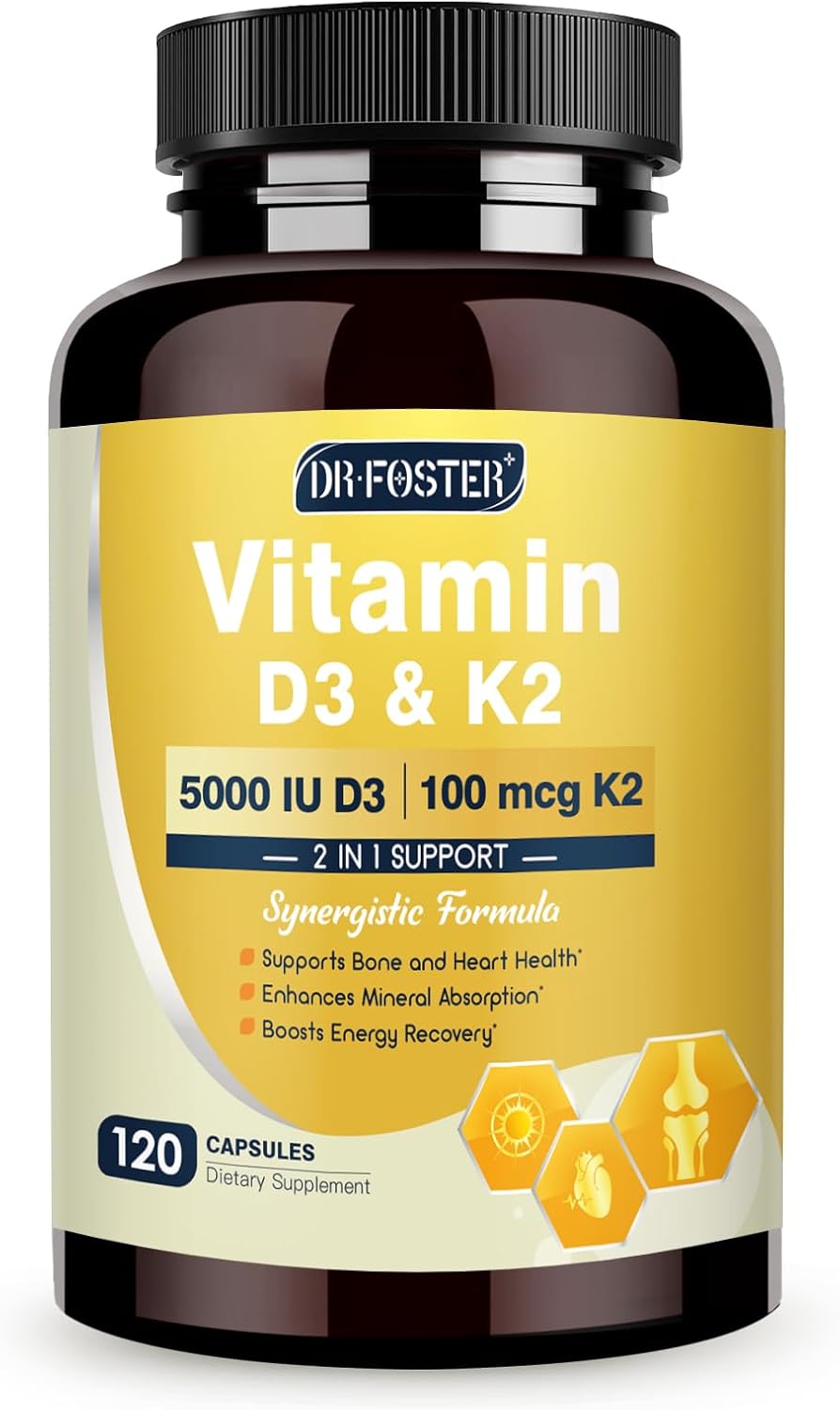 DRFOSTER Vitamin D3 K2 - High-Strength 5000IU D3 & 100mcg MK7 - Bone & Immune Support - with Zinc, Boron & MCT - 120 Vegan Capsules - görsel 1