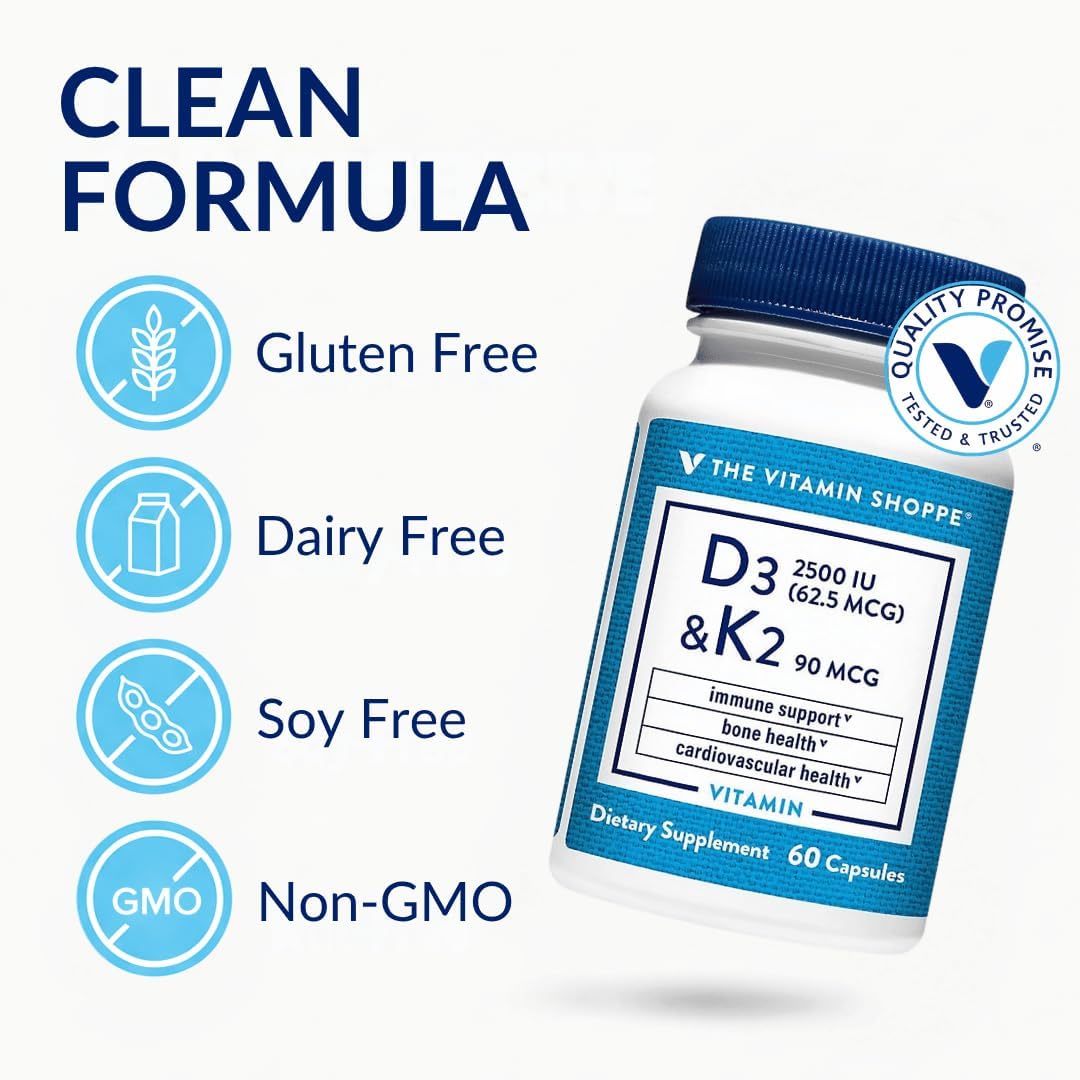 The Vitamin Shoppe Vitamin D3 2500 IU & K2 90 mcg with Calcium, D3 K2 MK7 Capsules for Bone Health, Immune Support & Cardiovascular Health, 60 Capsules - görsel 3