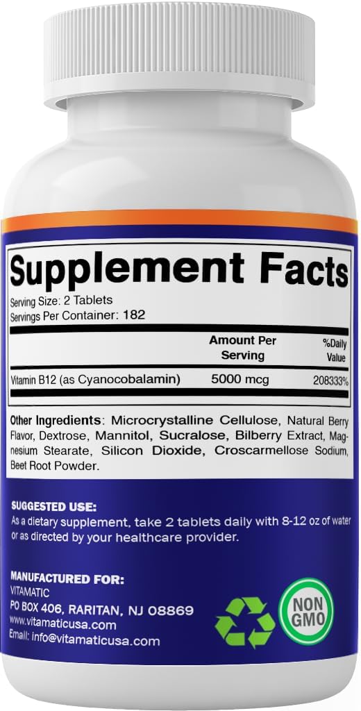 Vitamatic Vitamin B12 5000 mcg – 365 Fast Dissolve Tablets Berry Flavour – Supports Energy & Nervous System Health – Non-GMO, Gluten-Free - görsel 8