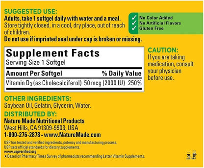 Nature Made Vitamin D3 2000 IU Softgels, 320 Capsules