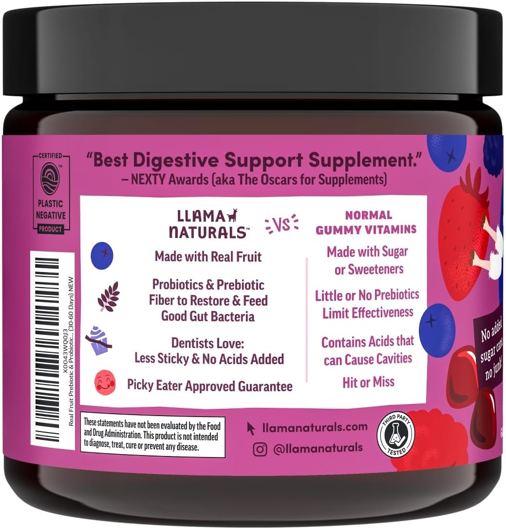 Llama Naturals Kids Probiotic with Prebiotic Fibre, Vegan, Organic Prebiotics and Probiotics Gummies for Gut Health Support, Toddler Real Fruit Gummy Vitamins, No Added Sugar, Mixed Berry, 60 Gummies - görsel 3