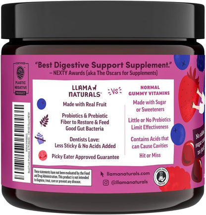 Llama Naturals Kids Probiotic with Prebiotic Fibre, Vegan, Organic Prebiotics and Probiotics Gummies for Gut Health Support, Toddler Real Fruit Gummy Vitamins, No Added Sugar, Mixed Berry, 60 Gummies