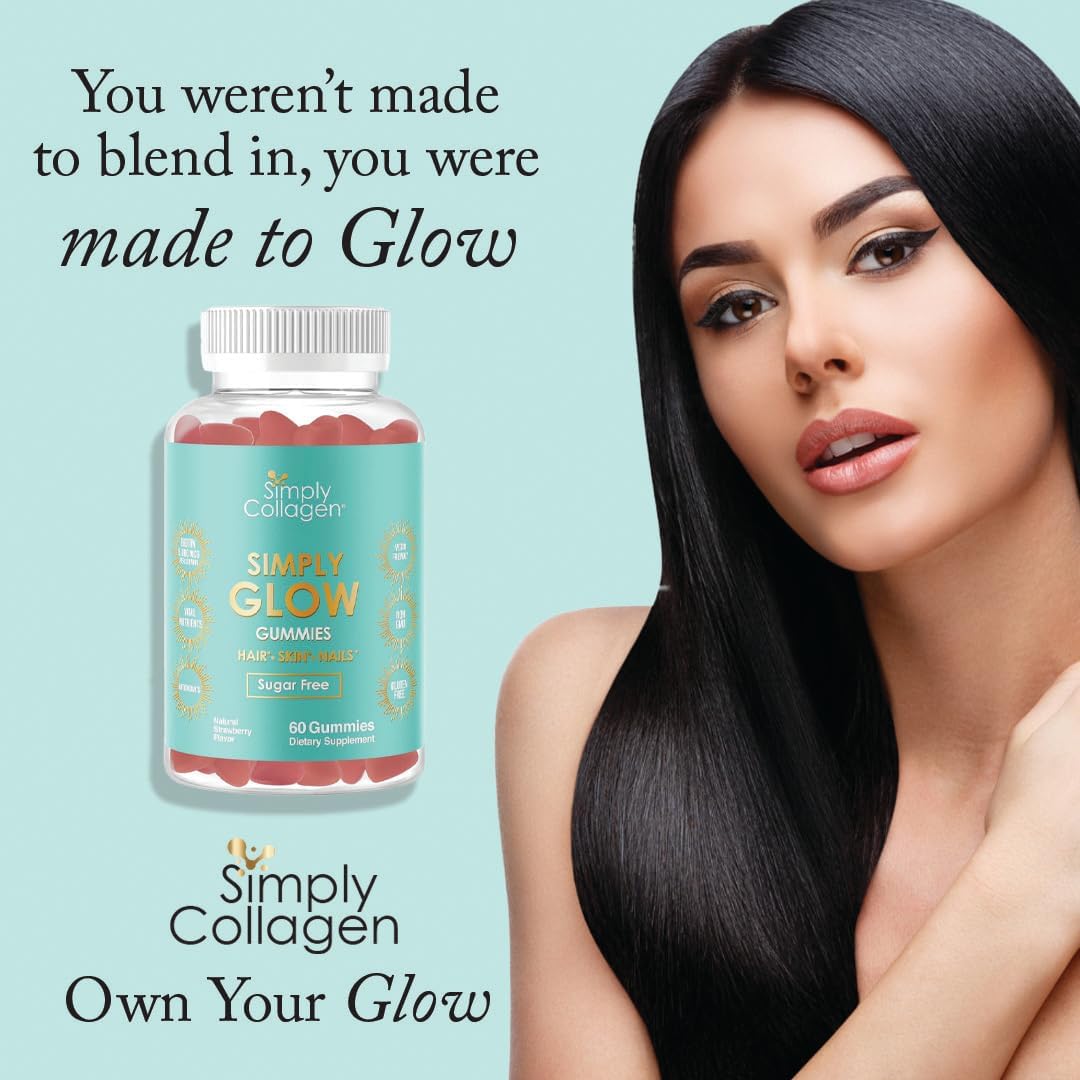 Simply Collagen Simply Glow Hair, Skin & Nails Gummies – Vegan, Sugar-Free, Gluten-free – Biotin 5000 mcg – 60 Count - görsel 2