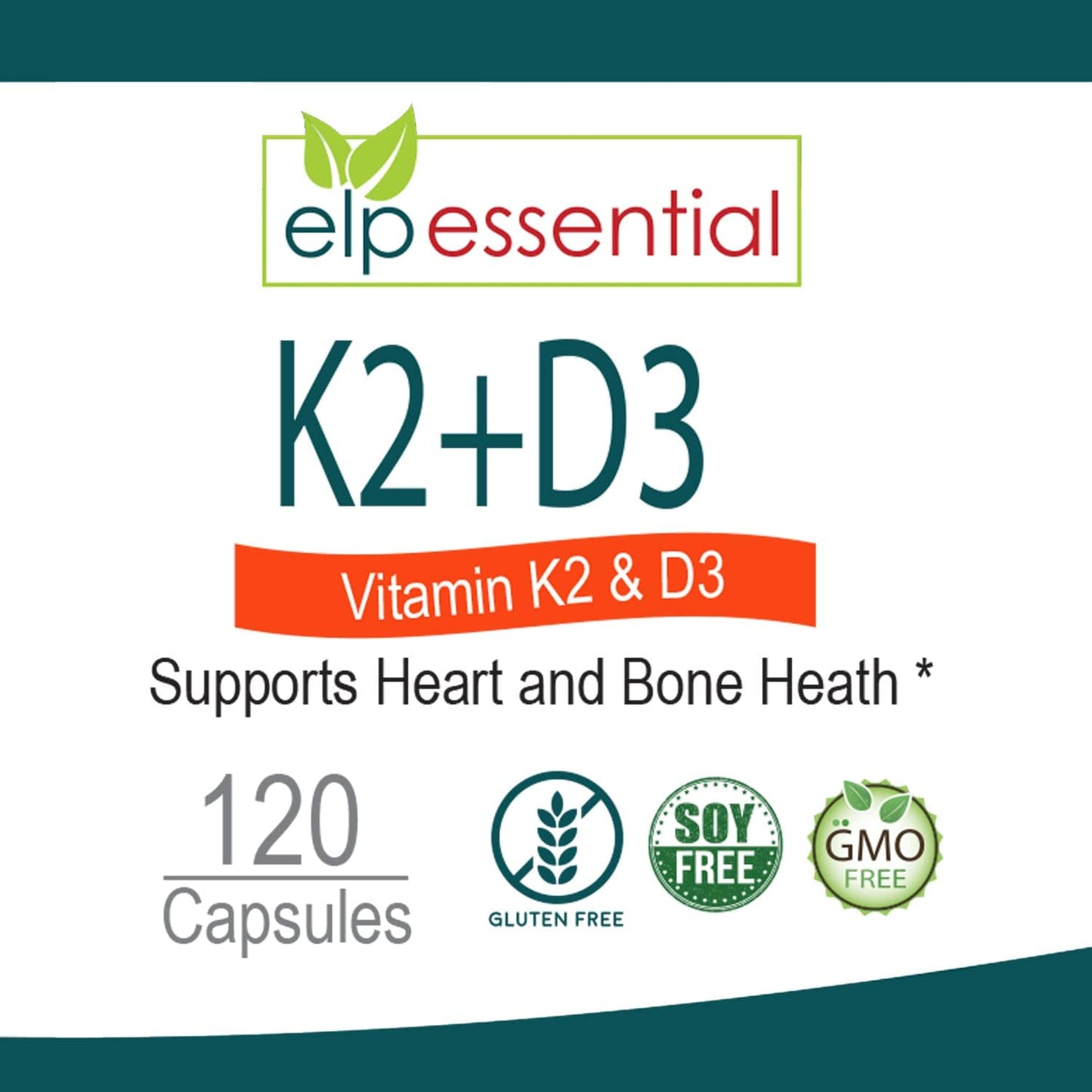 ELP ESSENTIAL Vitamin K2 with D3 Food Supplement - Bone and Heart Health, 120 Capsules - görsel 3