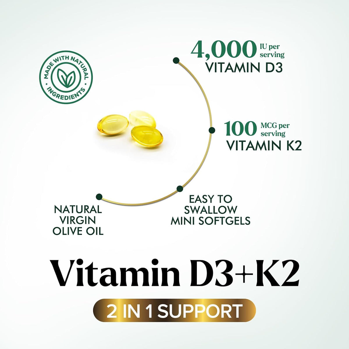 Nature's Peak Vitamin D3 K2 - High Strength 4000 IU D3 + K2 MK7 - 120 Soft gel capsules - görsel 3