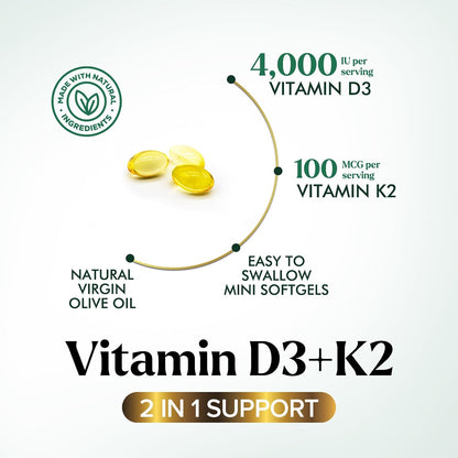 Vitamin D3 + K2 Supplement – High Potency with 4000 IU D3 and MK-7 – Bone, Immune and Heart Support – 240 Soft gel capsules