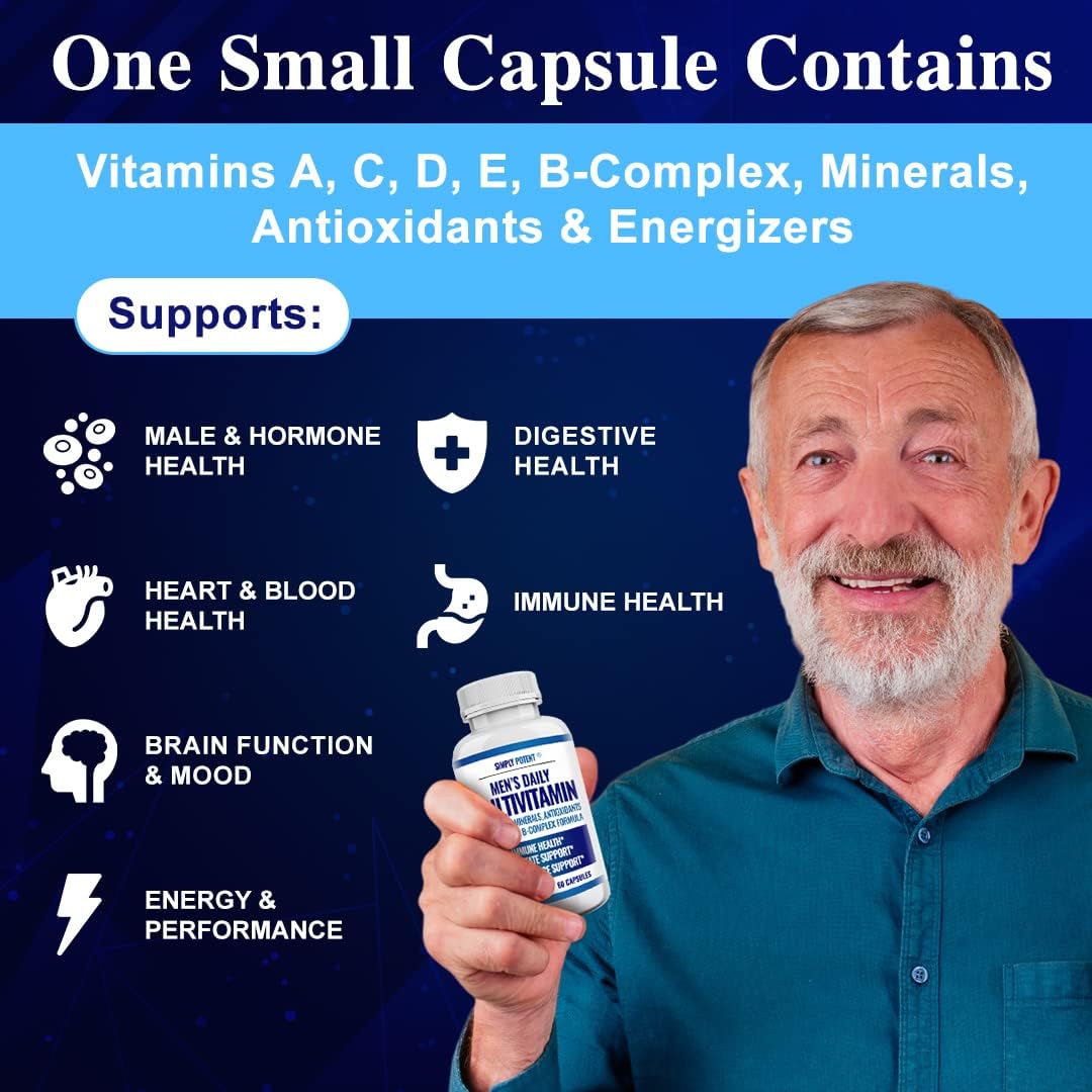 Simply Potent Daily Multivitamin for Men, 35 Vitamins with Minerals & Antioxidants, Vitamins A, C, D, E, Biotin, B12, Folate, Zinc, Magnesium & Saw Palmetto for Energy, Focus, Immune & Prostate Health, 60 Capsules - görsel 4
