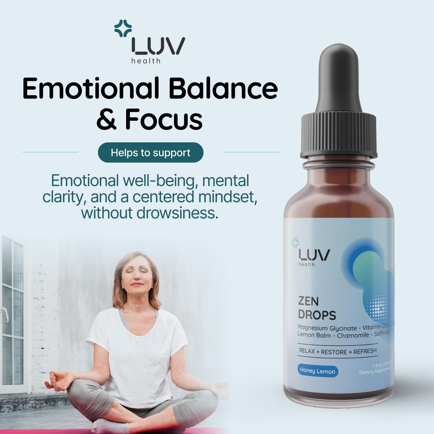 LUV Zen Drops: Food Supplement with Magnesium Glycinate, Vitamin D3, Lemon Balm, Chamomile, Saffron, L-Theanine – Vegan, Non-GMO, 30 Servings - görsel 4