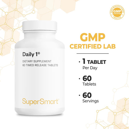 Supersmart - Daily 1® Timed Release - Multivitamin for Women and Men - with BioPQQ, Vitamins A, B, C, D, E, Biotin, Quercetin and Fisetin - Non-GM and Gluten-free - 60 Tablets