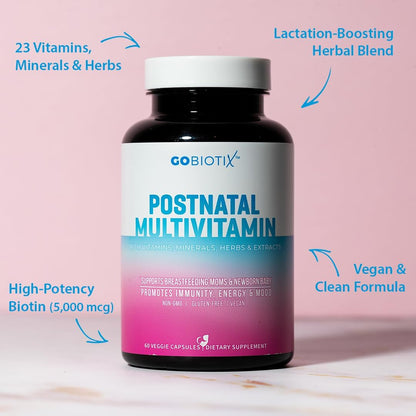 GOBIOTIX Postpartum Vitamins for Breastfeeding Mum - Postnatal Lactation Supplement with Organic Herbs, Minerals and Nutrients, Non GMO, Vegan, 60 Capsules