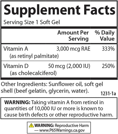 Carlson A & D, 10000 IU (3000 mcg RAE) Vitamin A & 5000 IU (125 mcg) Vitamin D3, Vision and Bone Support, 100 Softgels