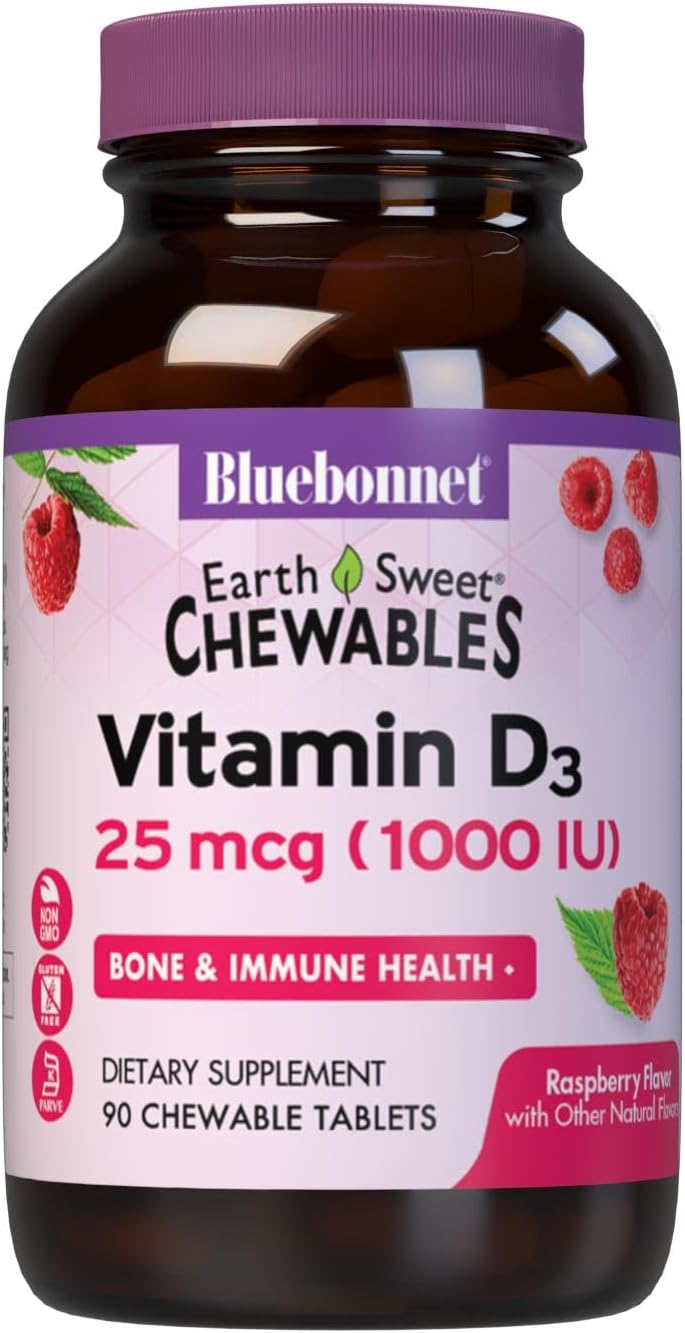 Bluebonnet Nutrition EarthSweet Vitamin D3 1000IU Chewable Tablets - Raspberry Flavour - 90 Count - görsel 1
