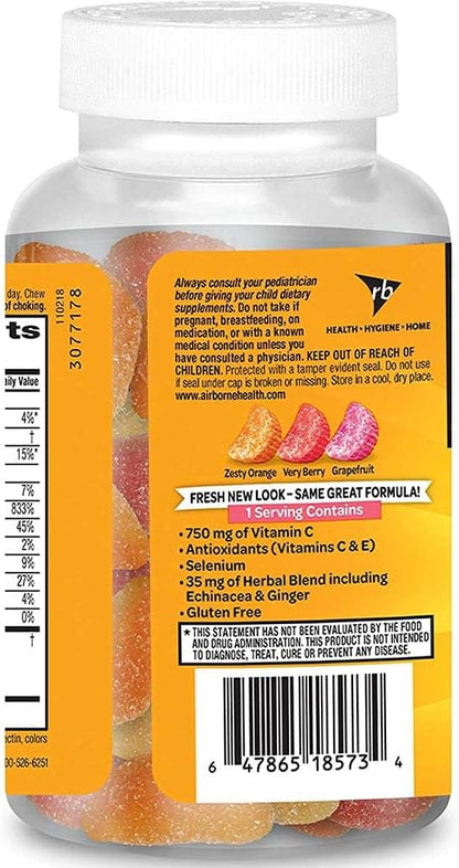 Airborne Assorted Fruit Flavoured Gummies, 42 Gummies per Bottle (Pack of 2) - 750mg Vitamin C with Minerals & Herbs for Immune Support