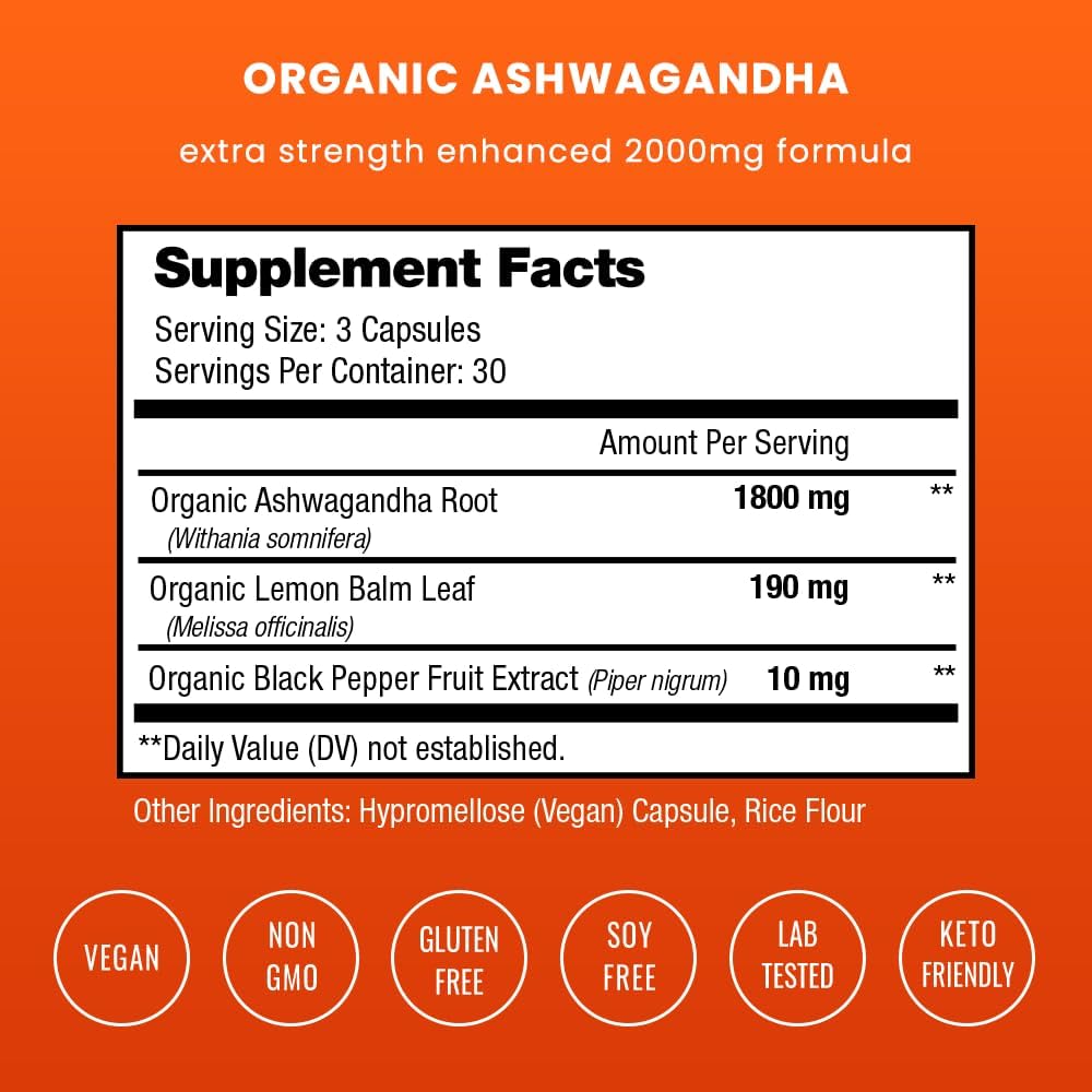 NutraChamps Organic Ashwagandha Capsules - 2000mg with Lemon Balm & Black Pepper for Stress and Mood Support - görsel 2