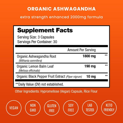 NutraChamps Organic Ashwagandha Capsules - 2000mg with Lemon Balm & Black Pepper for Stress and Mood Support