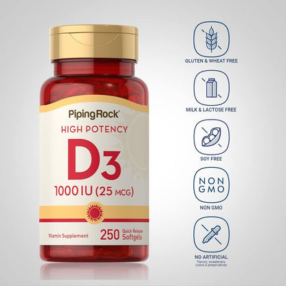 Piping Rock Vitamin D3 1000IU – High Potency (25 mcg) – 250 Softgels – Non-GMO, Gluten-free