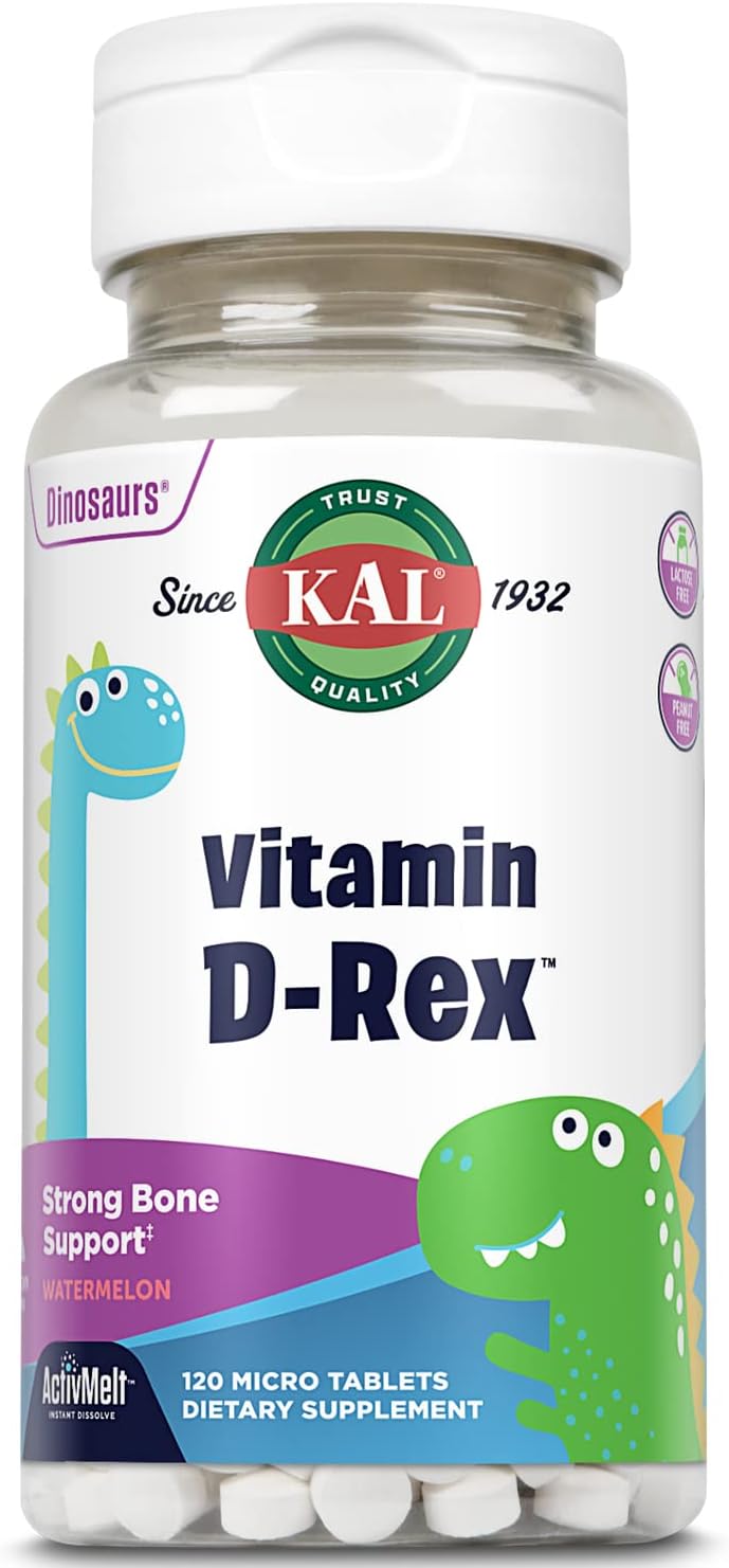 KAL Vitamin D-Rex Children's Vitamin D3 600 IU Instant Dissolve Micro Tablets, Natural Watermelon, 120 Tablets - görsel 1