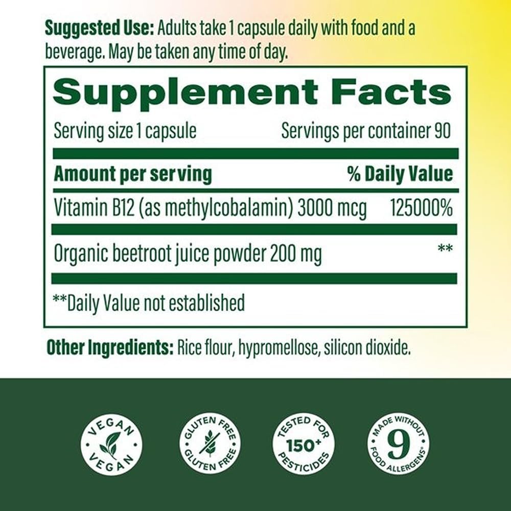 MegaFood Extra Strength Methyl B12 Vitamins, Bioavailable Vitamin B12 3000mcg Per Serving, Supports Energy Metabolism and Nervous System Health, Beetroot, Vegan, Gluten-free, 90 Capsules, 90 Servings - görsel 2
