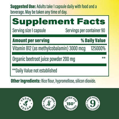 MegaFood Extra Strength Methyl B12 Vitamins, Bioavailable Vitamin B12 3000mcg Per Serving, Supports Energy Metabolism and Nervous System Health, Beetroot, Vegan, Gluten-free, 90 Capsules, 90 Servings
