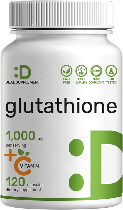 Glutathione Supplement 1,000mg Per Serving, 98% Purity | Plus Vitamin C 500mg, Active Reduced Form (GSH) – Intracellular Antioxidant, Supports Normal Immune Function & Antioxidant Defence