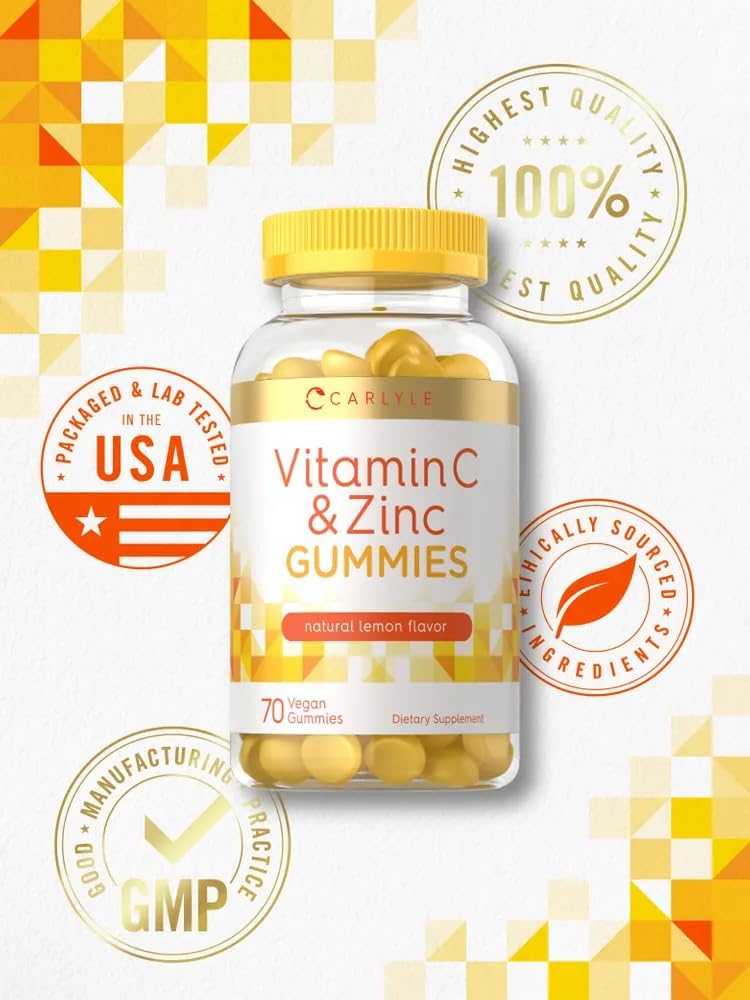 Carlyle Vitamin C and Zinc Gummies | 70 Count | Lemon Flavour | Vegan, Non-GMO, and Gluten-free Supplement - görsel 3