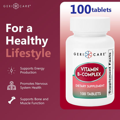 GeriCare Vitamin B-Complex Supplement with Calcium – Daily Supplement for Energy, Immune Support, Bone Health & Nervous System, 100 Tablets