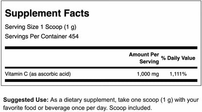 Swanson Vitamin C Powder 100% Pure Ascorbic Acid, for Normal Immune Function, Skin Health, and Antioxidant Protection, 1000 mg per Serving, 1 lb (454 g) 3-Pack