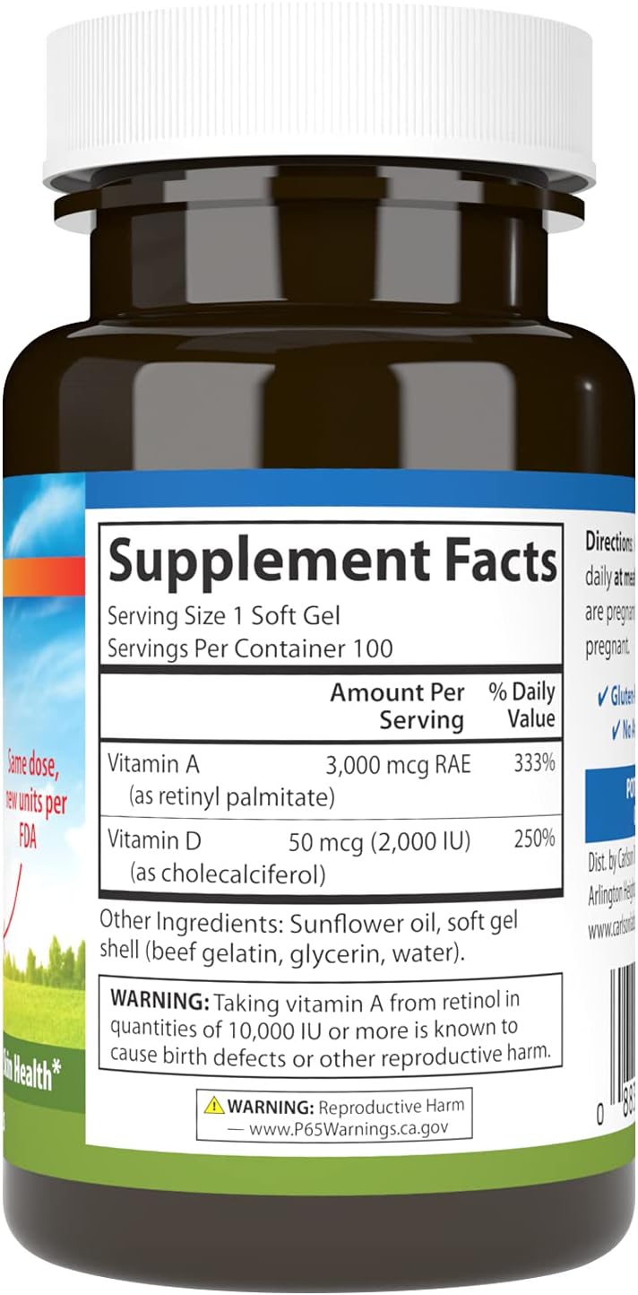 Carlson A & D, 10000 IU (3000 mcg RAE) Vitamin A & 5000 IU (125 mcg) Vitamin D3, Vision and Bone Support, 100 Softgels - görsel 2