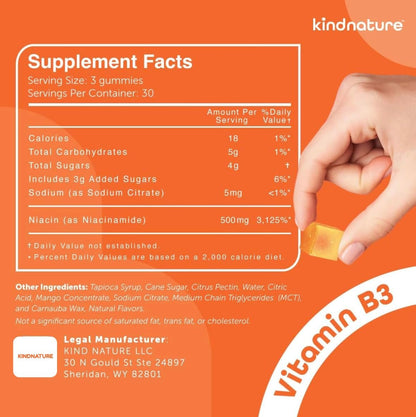 Kindnature Vitamin B3 Niacinamide Gummies 500mg – Flush-Free Niacin Supplement – Contributes to Normal Skin, Energy Metabolism & Nervous System Function – Vegan, Non-GMO, Gluten-free, Soya-Free – 90 Gummies