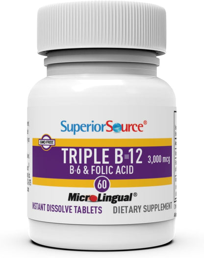 Superior Source NO Shot Triple B-12 3000 mcg with Vitamin B6 and Folic Acid, 60 Sublingual Tablets