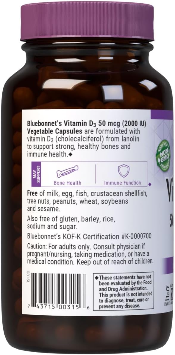 Bluebonnet Nutrition Vitamin D3 2000 IU Vegetable Capsules, 180 Capsules - görsel 3