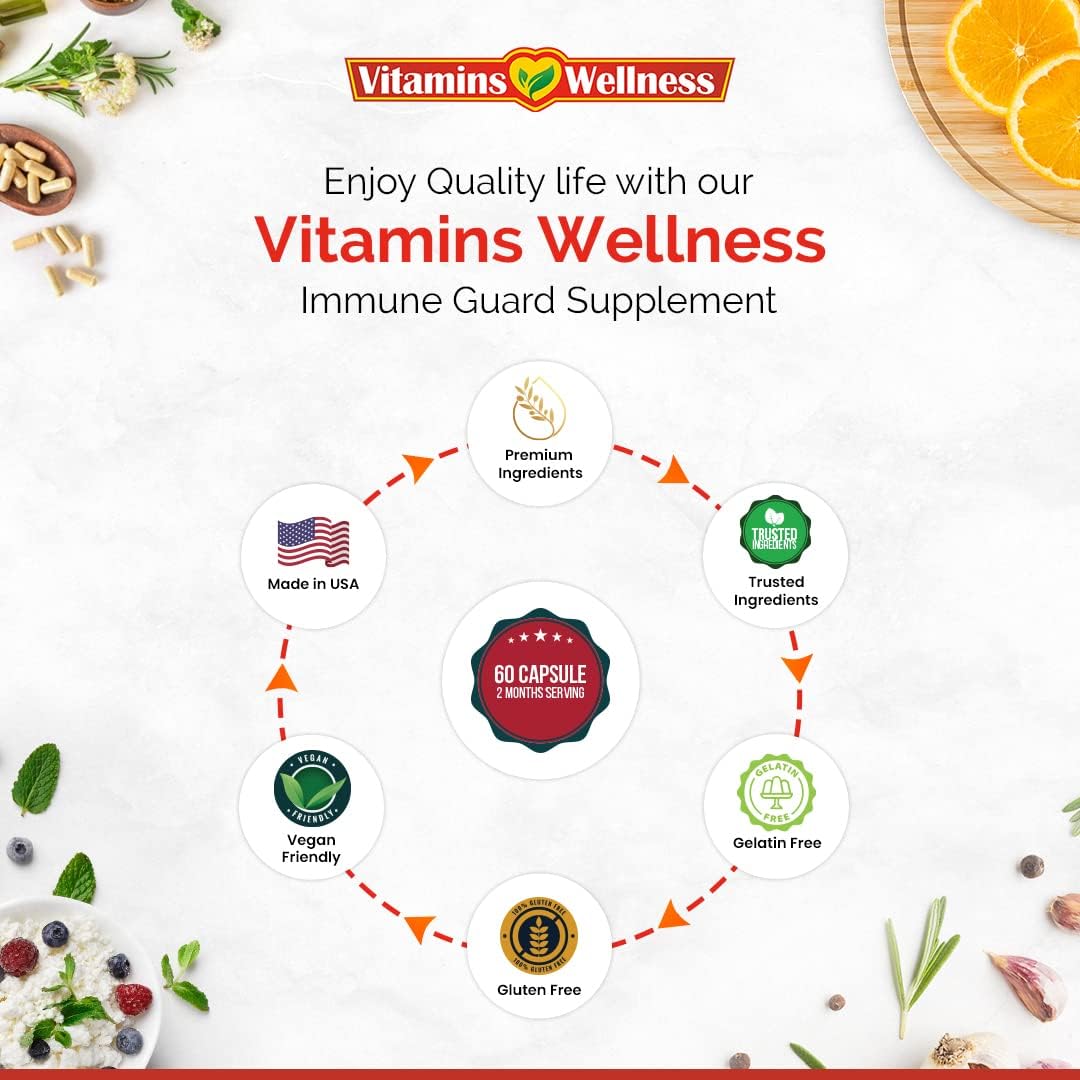 Vitamins Wellness Immune Guard – 10 in 1 Immune Support Supplement with Elderberry, Zinc, Vitamin C, Turmeric, Garlic and Echinacea – 60 Capsules - görsel 2