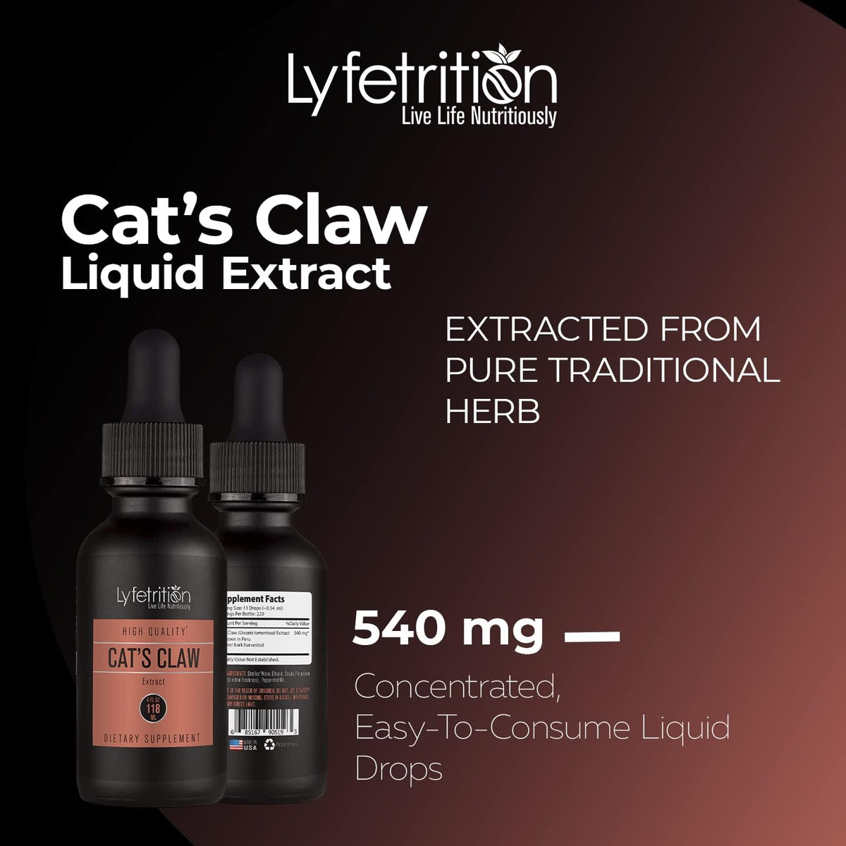 Cat’s Claw 540mg Liquid Extract, 118ml (220 Servings) by Lyfetrition - görsel 4